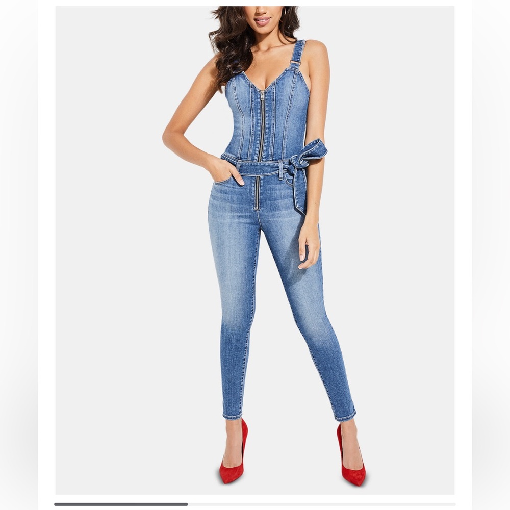 Guess Kaia Denim Front Zip Corset Style Belted Overall Jumpsuit